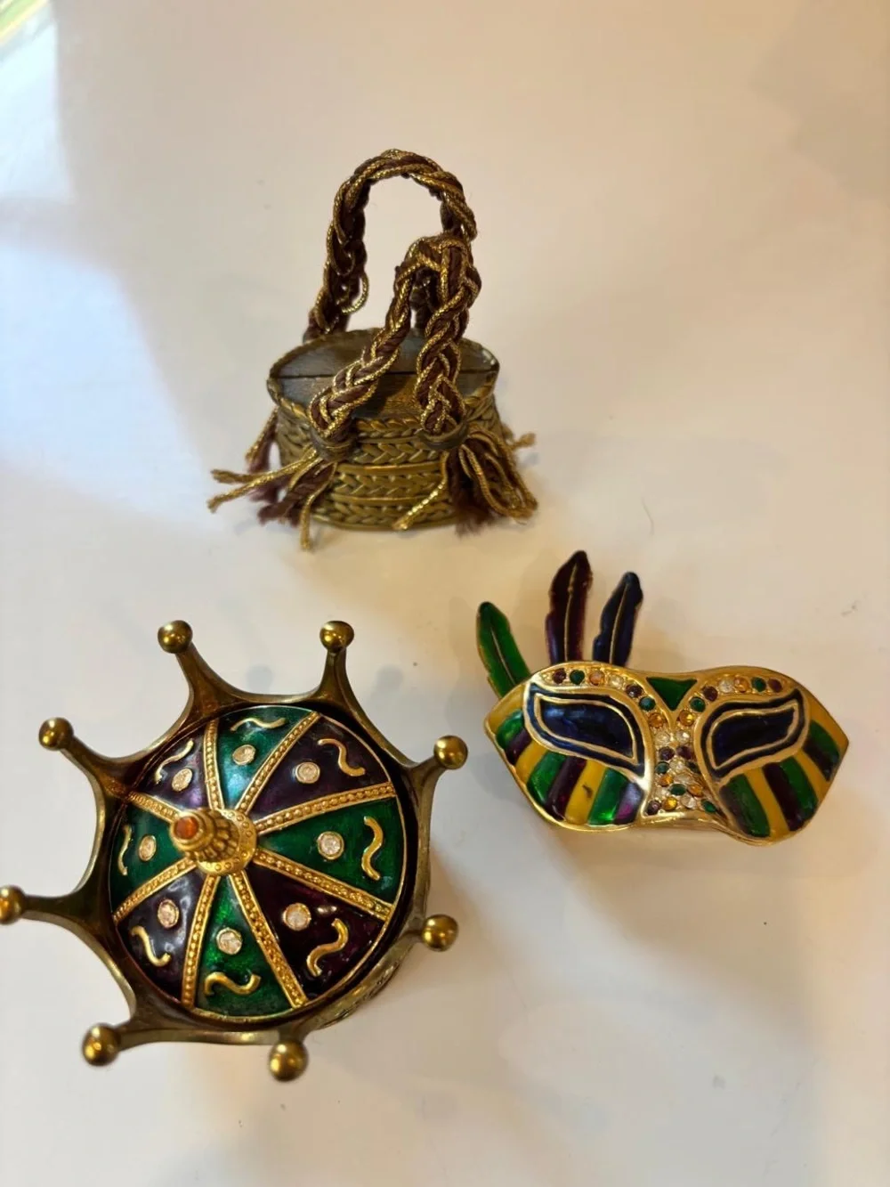 Mardi Gras Enamel Trinket Box Lot - Mask, Crown, and Woven Basket Designs